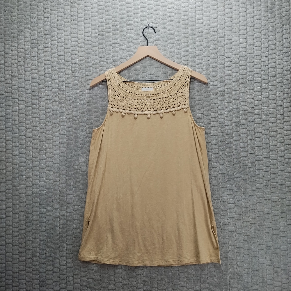 J. Jill Tan Crochet Pom Pon Tank Top-Boho-Hippie-Cotton Modal-S